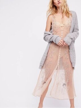 Free People Nude Mesh Maxi Dress with Floral Embroidery
